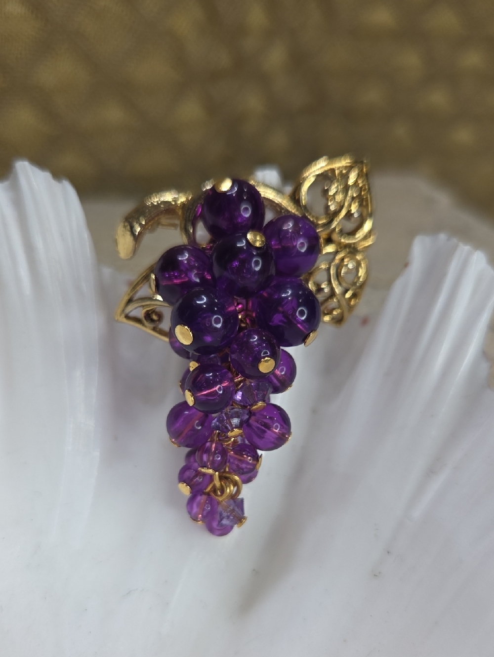 Vintage Avon Gold-Tone Purple Grape Cluster Drop Brooch Pendant